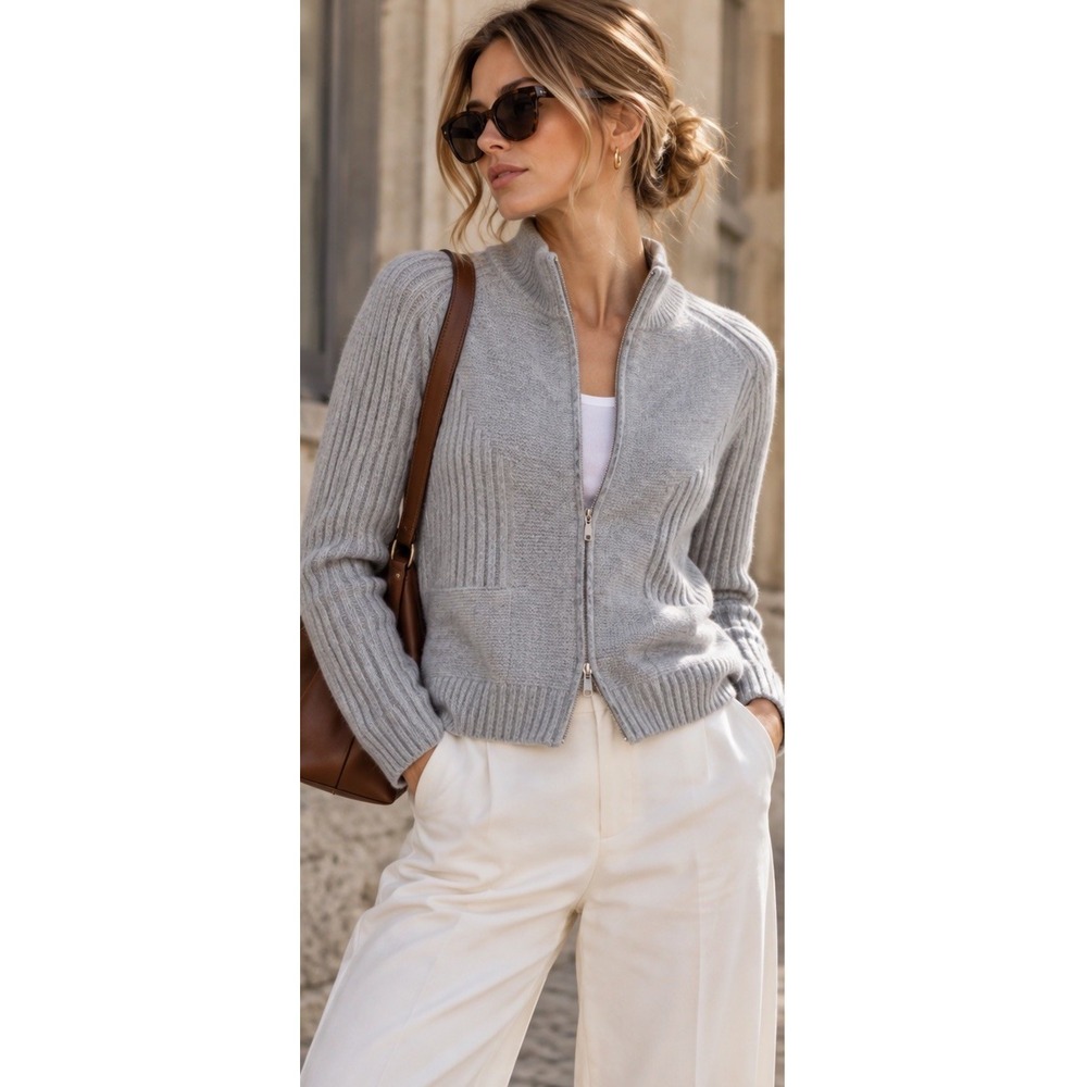 Hathaway Platinum 100% Cashmere Cardigan Women's M Gray Zip Up Made in Italy